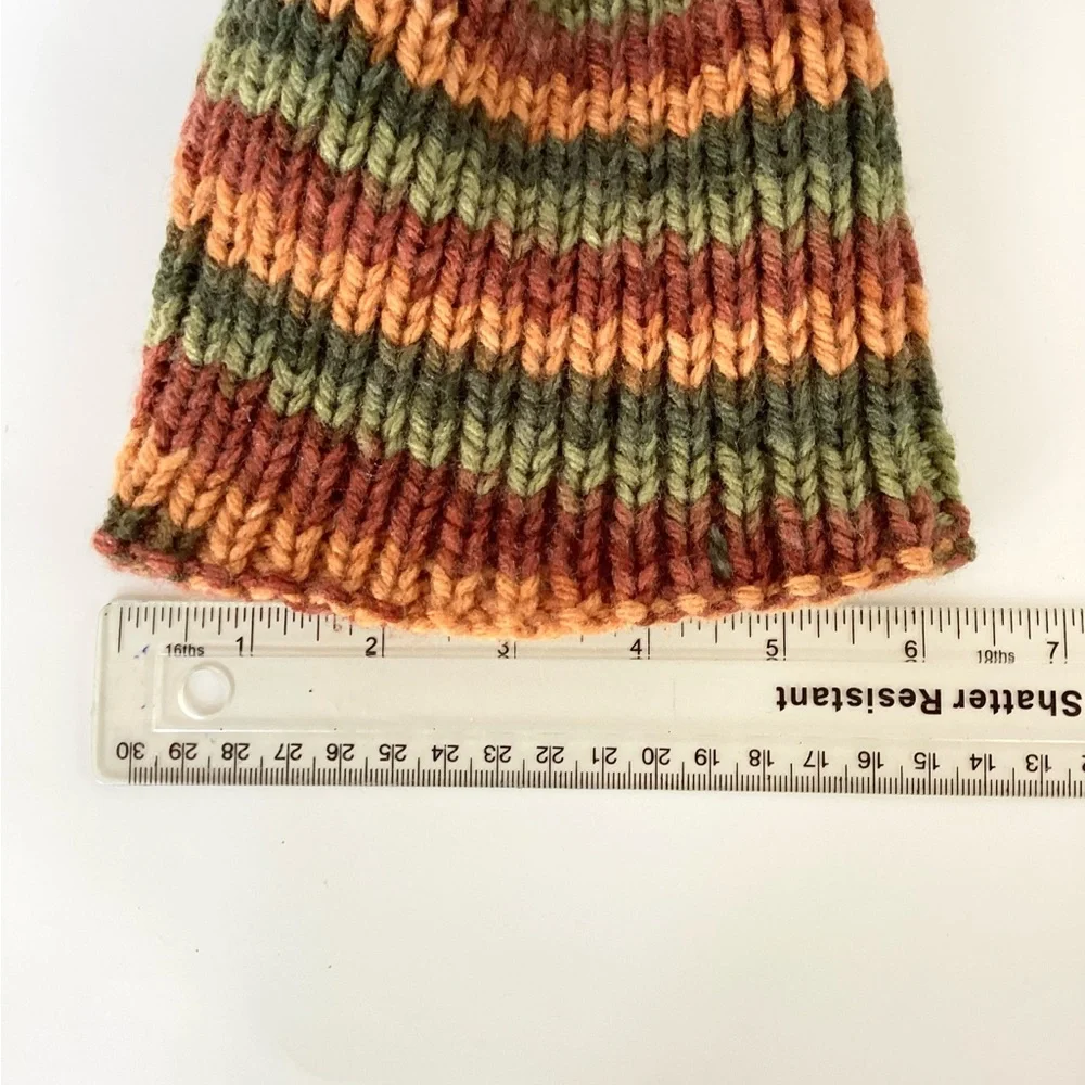 Hat Beanie Hand Crafted Baby Pom Pom Knit Green Rust Orange Knit Fall